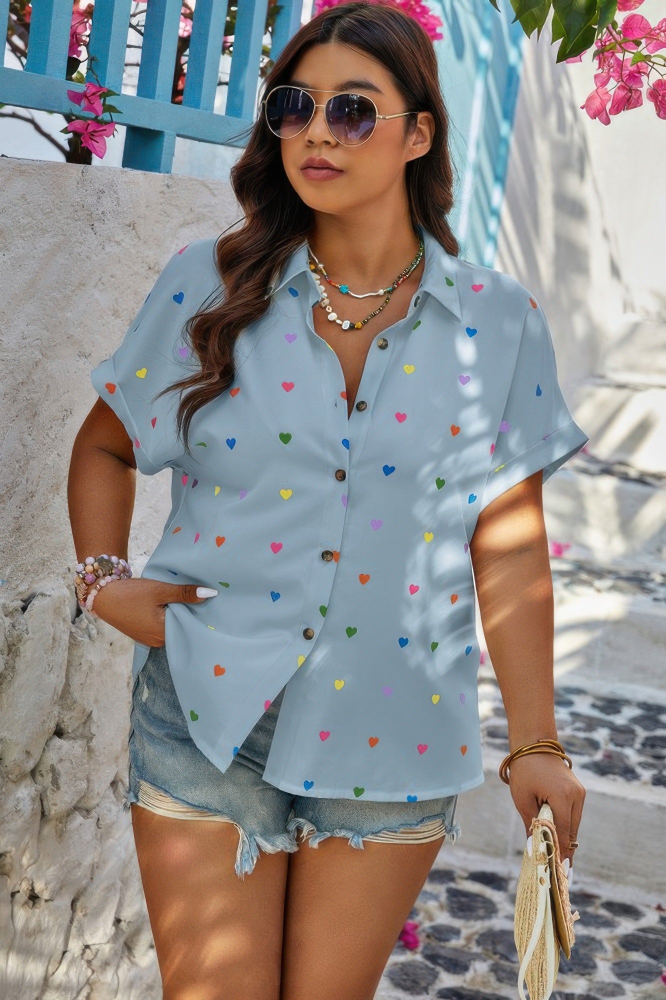 Plus Size Hearts Print Button Down Loose Blouse