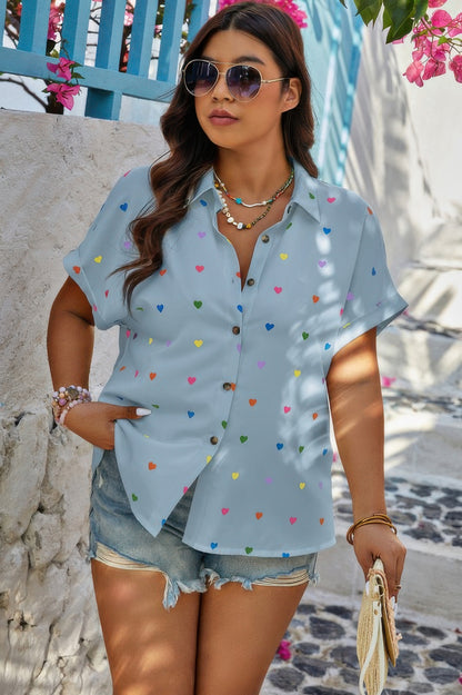 Plus Size Hearts Print Button Down Loose Blouse