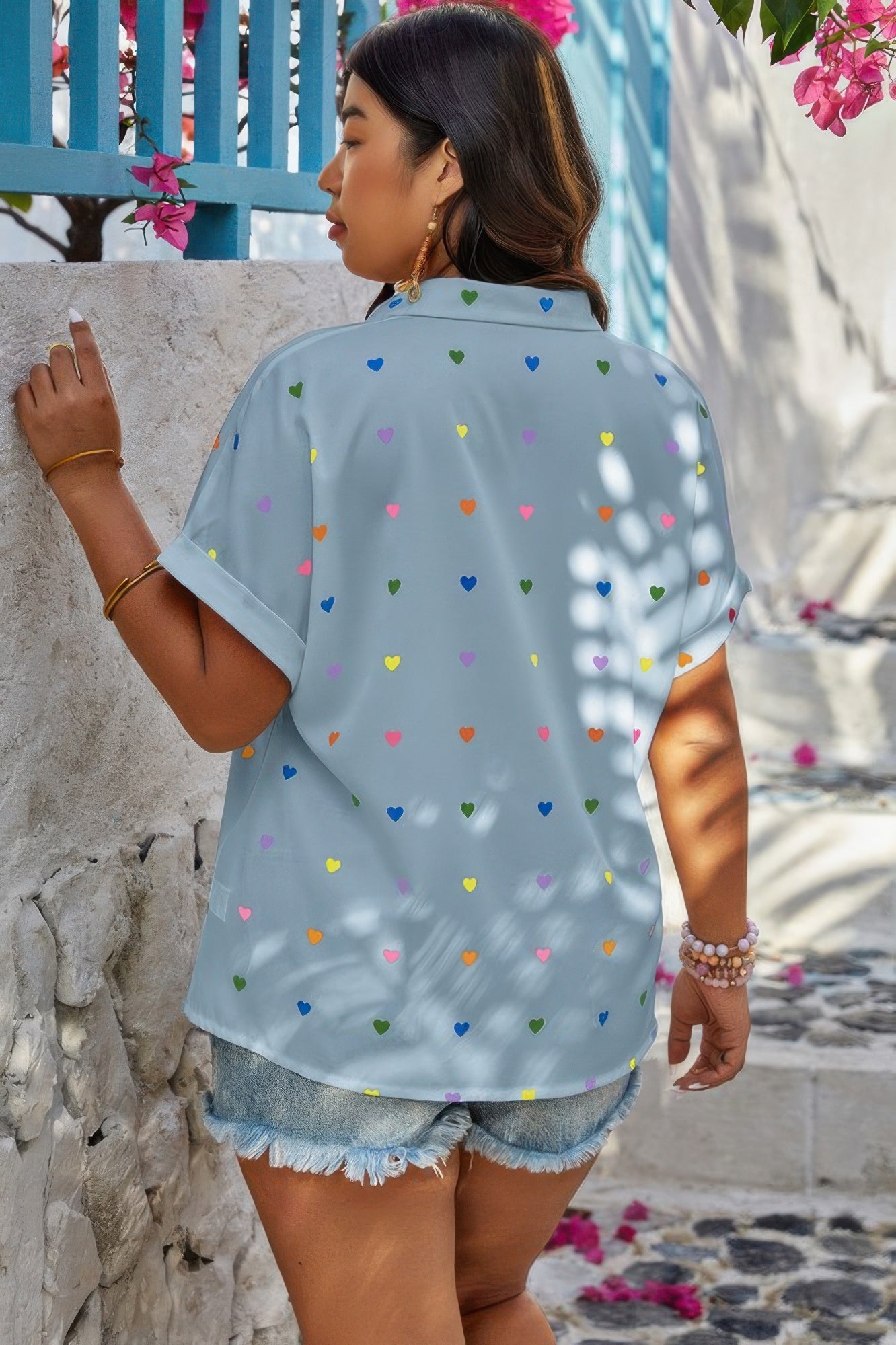 Plus Size Hearts Print Button Down Loose Blouse