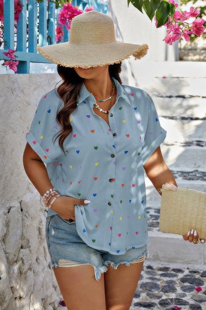 Plus Size Hearts Print Button Down Loose Blouse