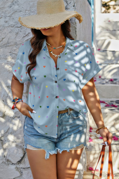 Plus Size Hearts Print Button Down Loose Blouse