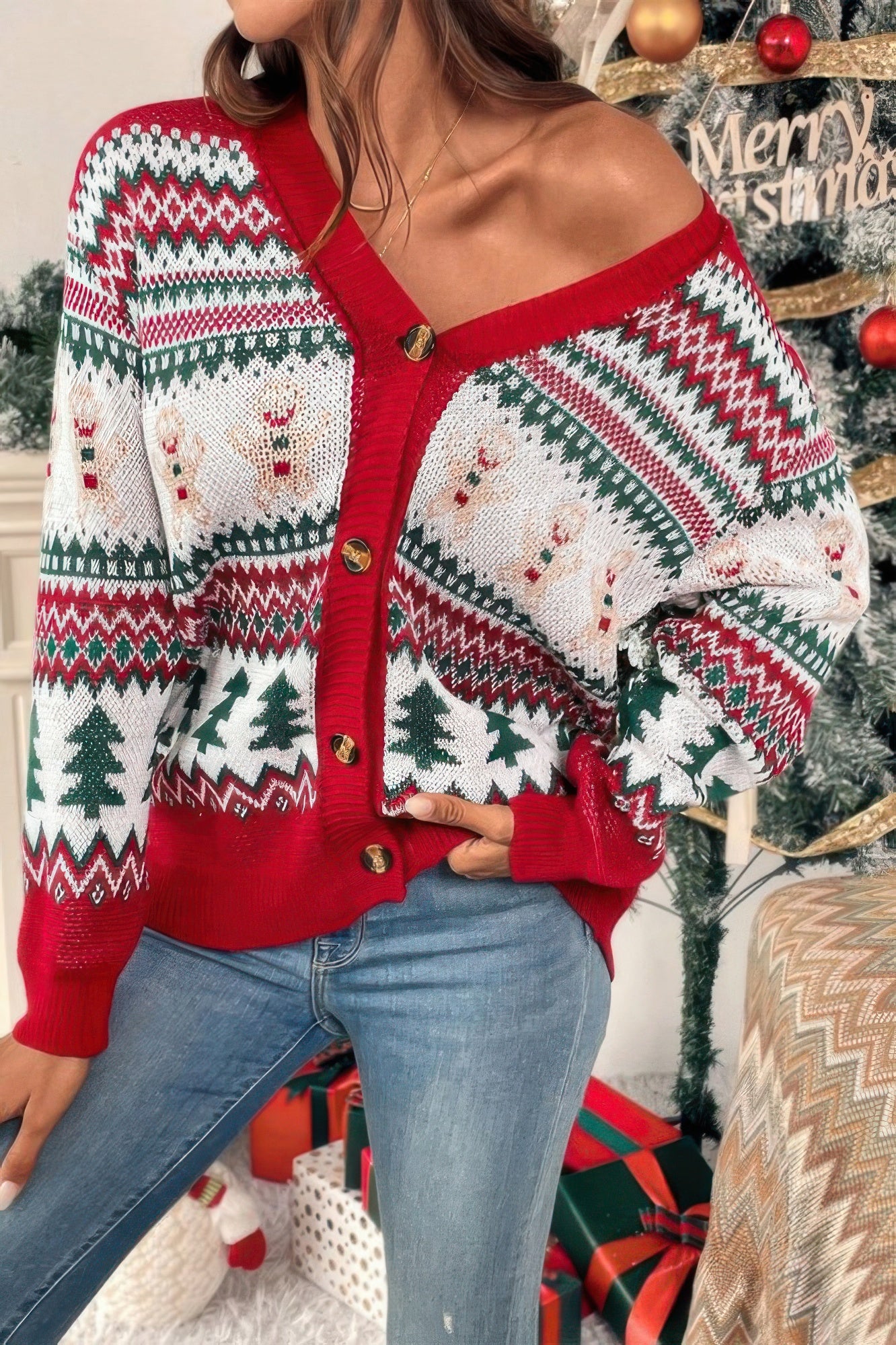 Christmas Print Knit Button Down Loose Cardigan