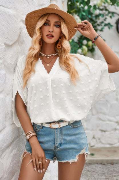 Swiss Dot V Neck Loose Half Sleeve Blouse