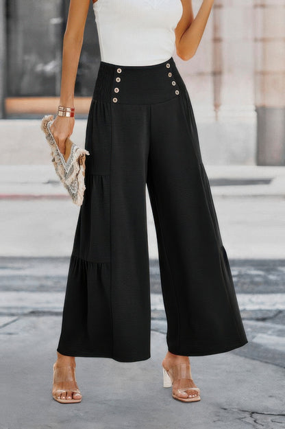Solid Ruffle Button Wide Leg Pant