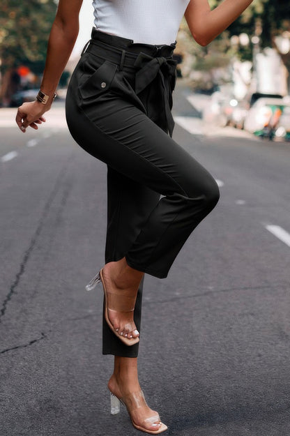 Ruffle Belt Pocket Solid Skinny Pants