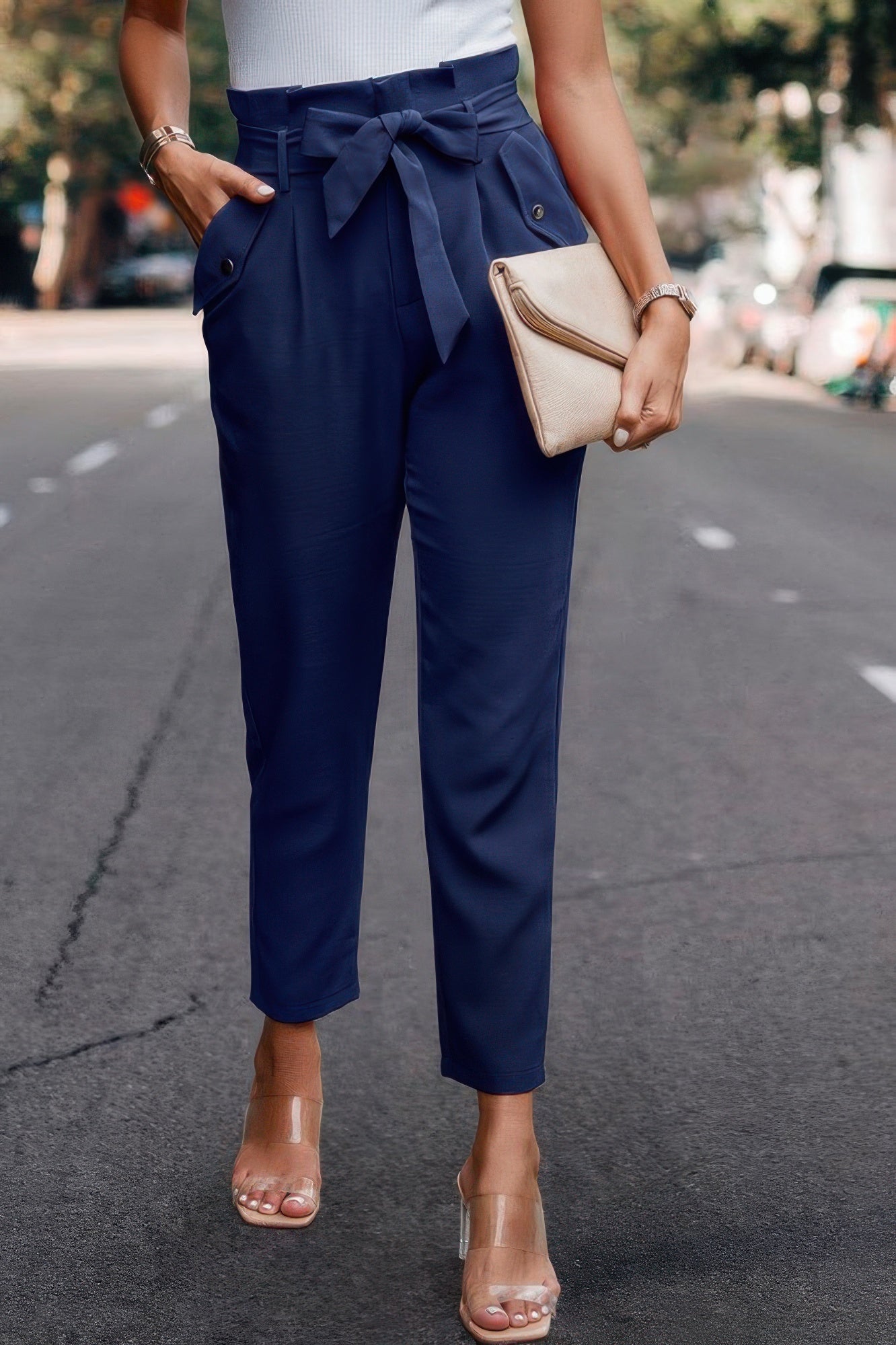 Ruffle Belt Pocket Solid Skinny Pants
