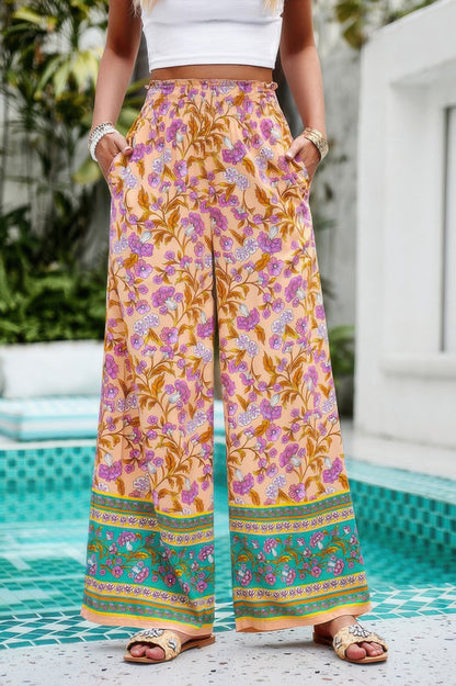 Floral Print Wide Stright Leg Pockets Elastic Pant