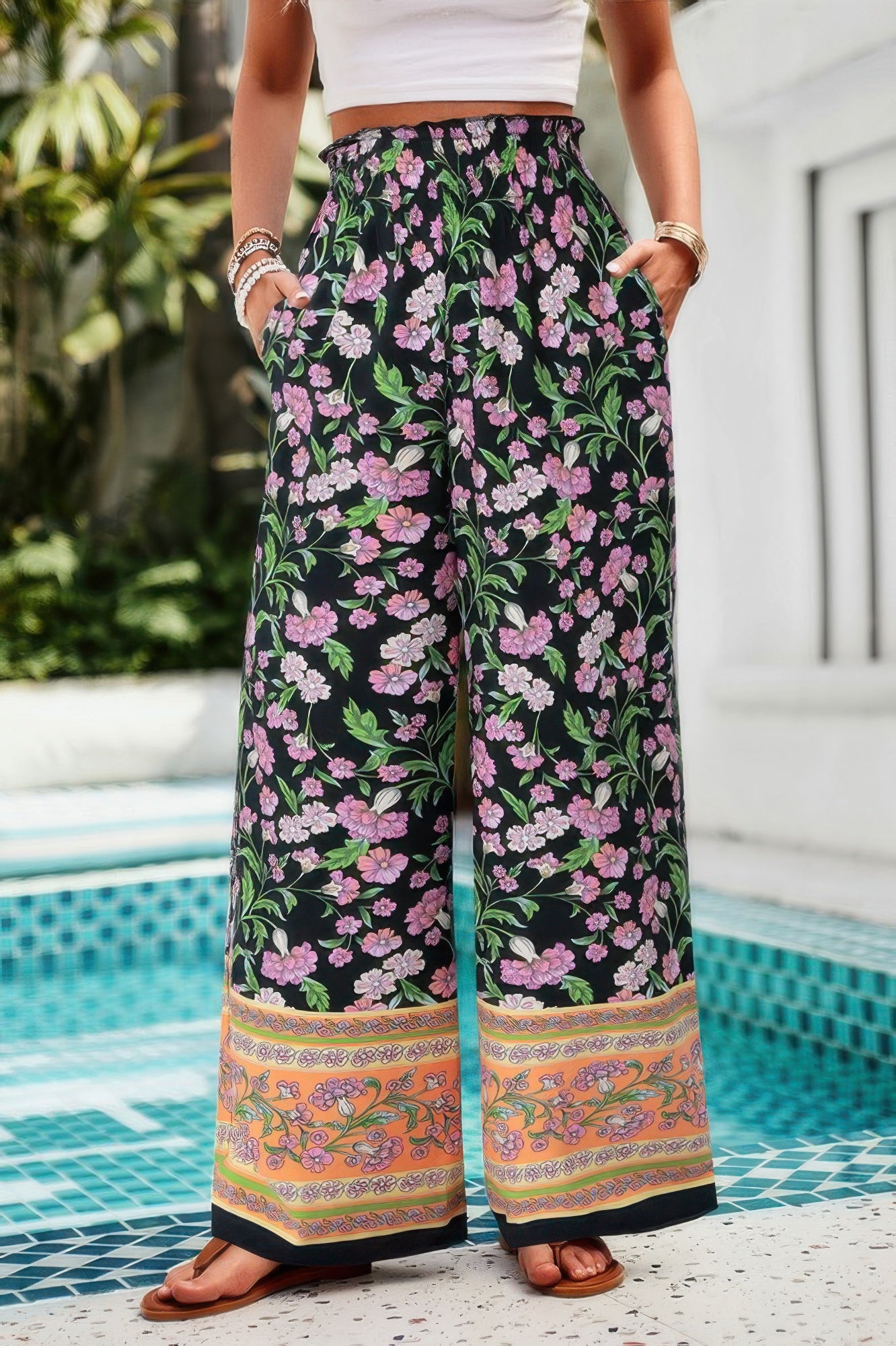 Floral Print Wide Stright Leg Pockets Elastic Pant