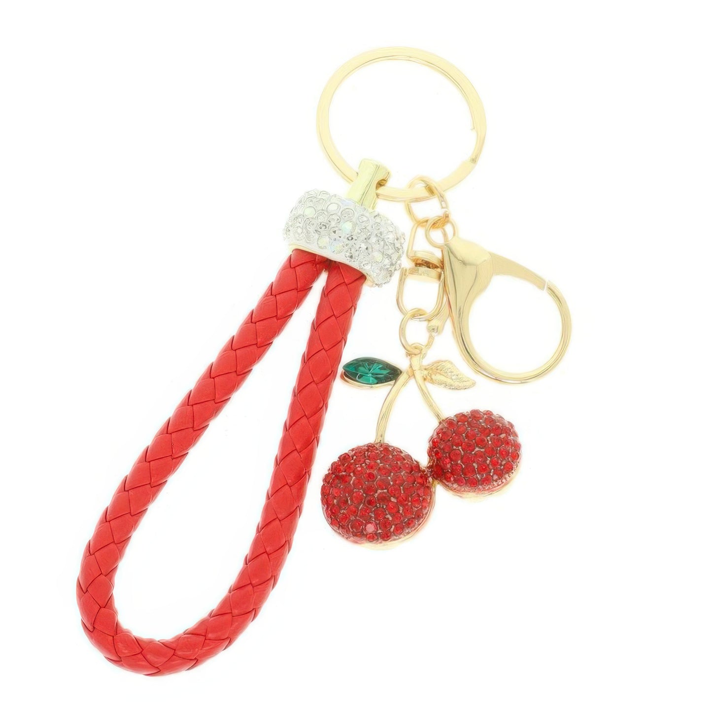 Leather Rhinestone Cherry Keychain