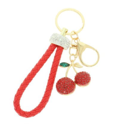 Leather Rhinestone Cherry Keychain