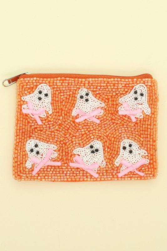 Ghost With Bow Seed Beaded Coin Bag