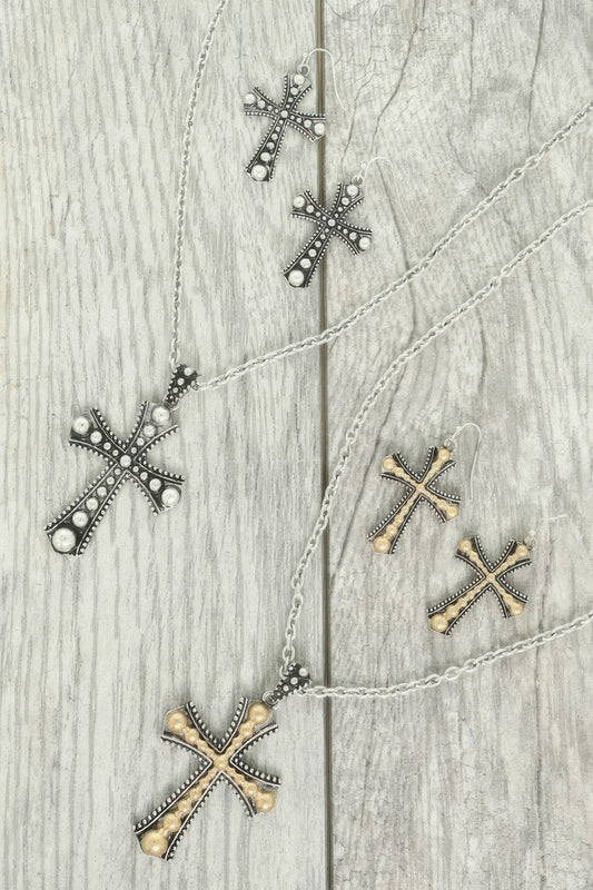 Western Bubble Beaded Cross Necklace Set