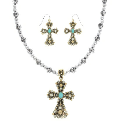 Western Turquoise Cross Necklace Set