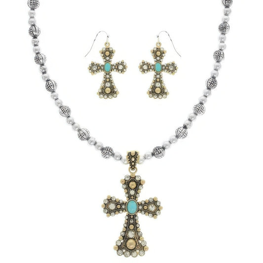 Western Turquoise Cross Necklace Set