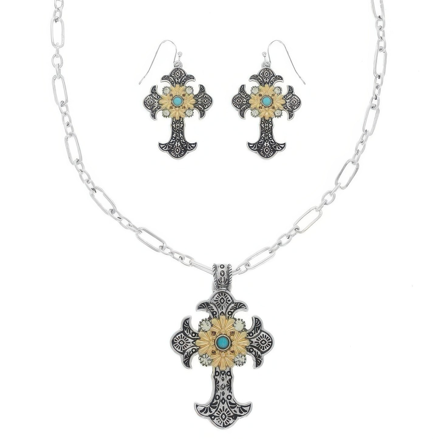 Western Turquoise Cross Necklace Set
