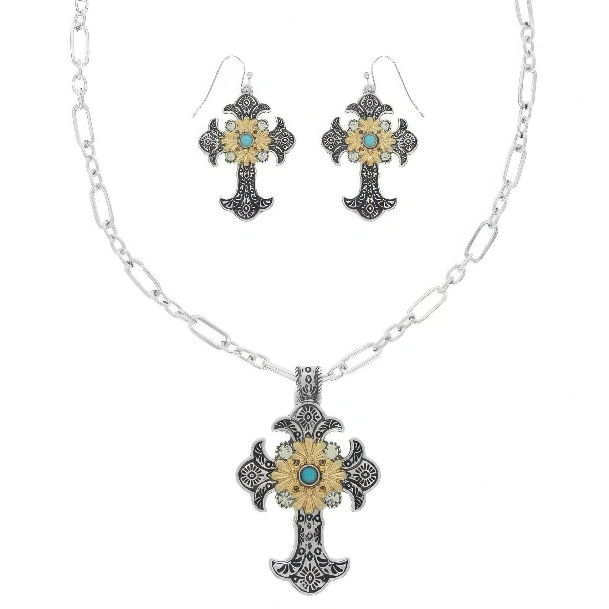 Western Turquoise Cross Necklace Set