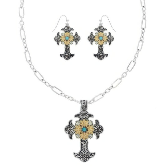 Western Turquoise Cross Necklace Set