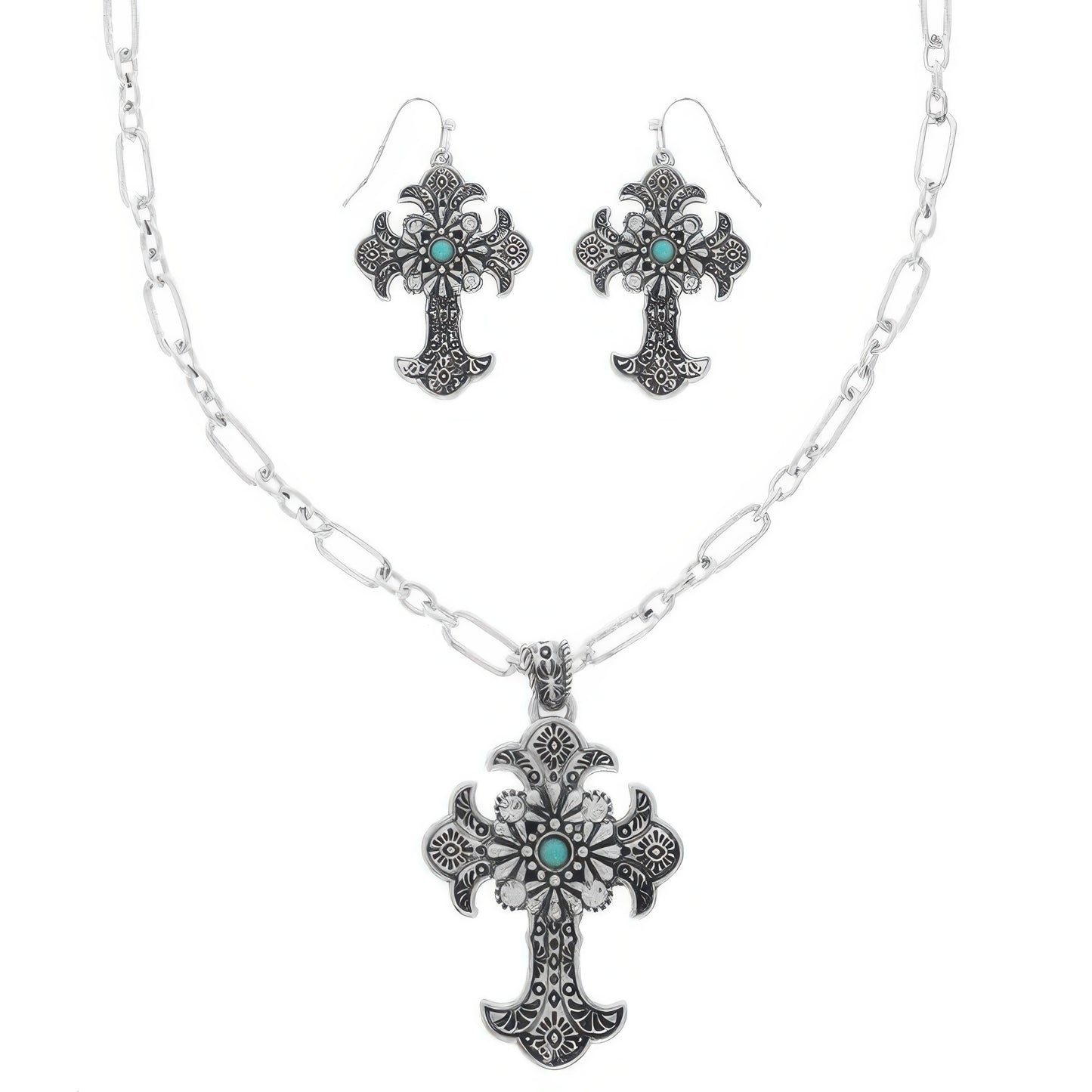 Western Turquoise Cross Necklace Set