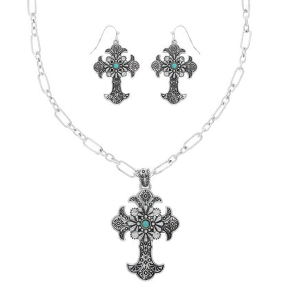 Western Turquoise Cross Necklace Set