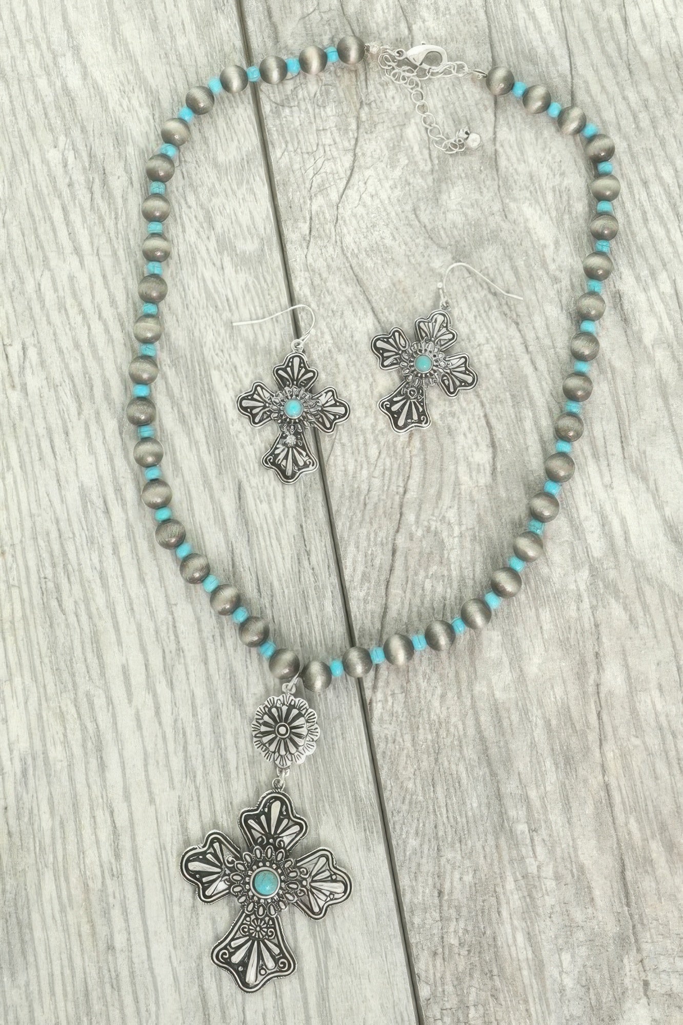 Western Turquoise Cross Necklace Set