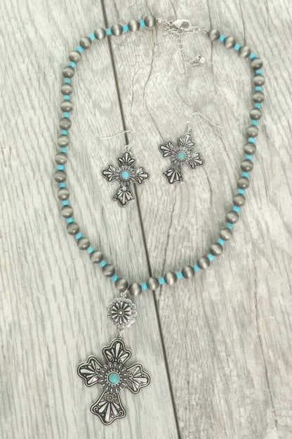 Western Turquoise Cross Necklace Set