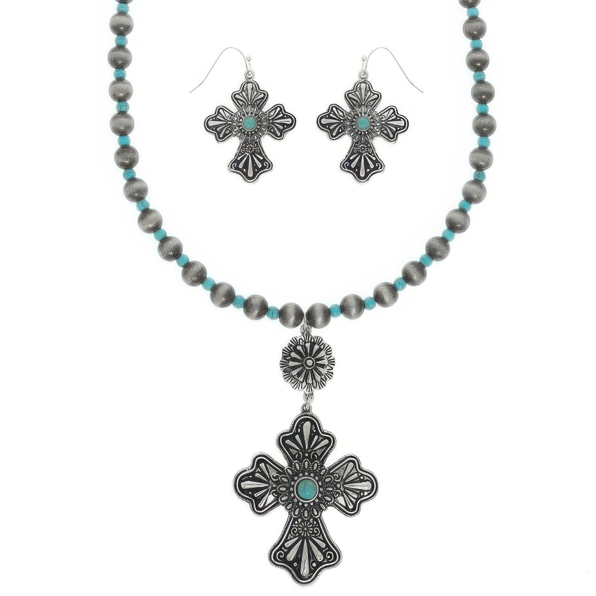 Western Turquoise Cross Necklace Set