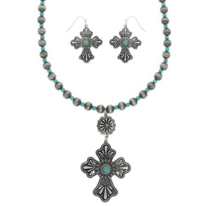 Western Turquoise Cross Necklace Set