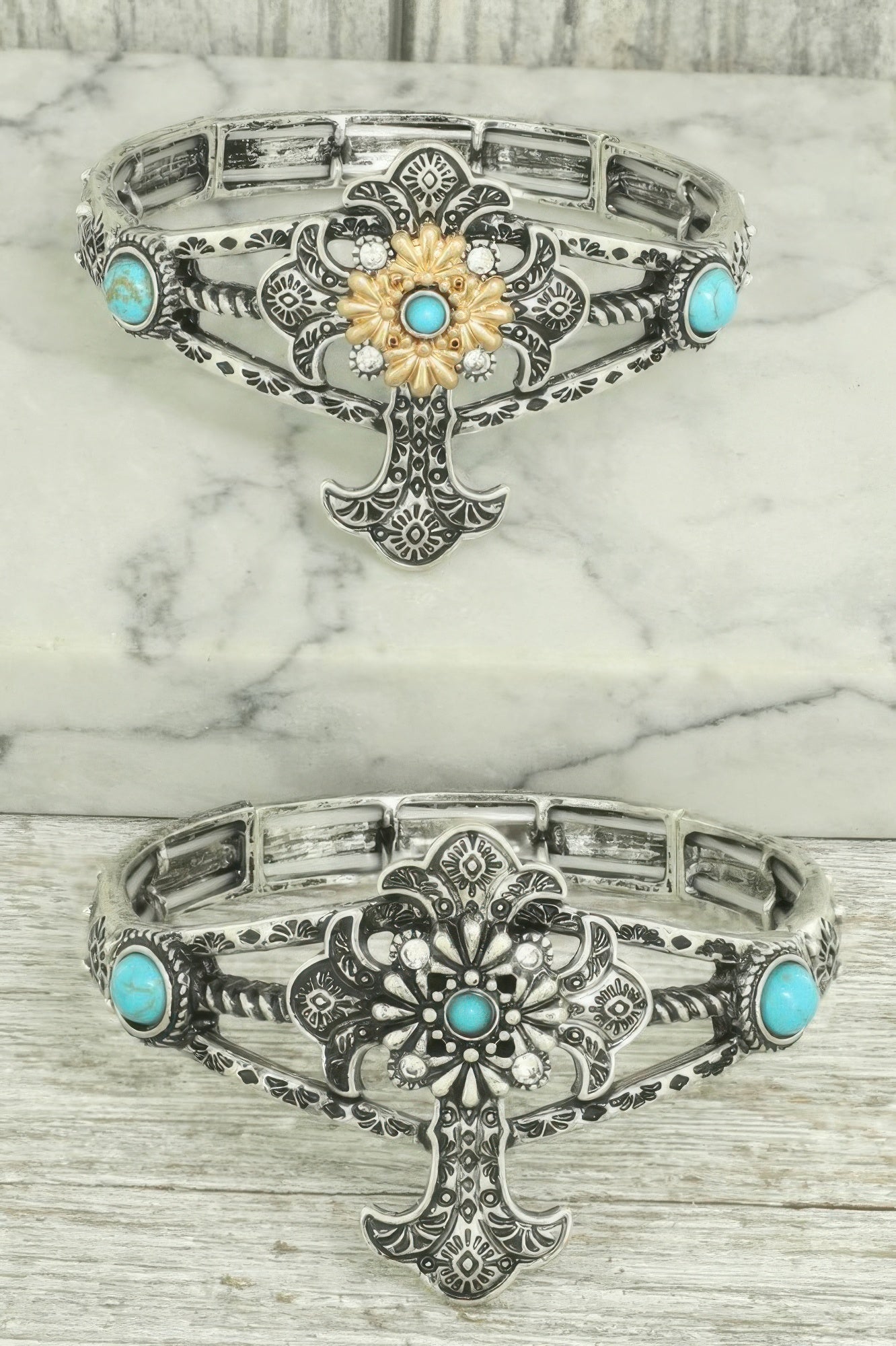 Western Turquoise And Crystal Cross Bracelet