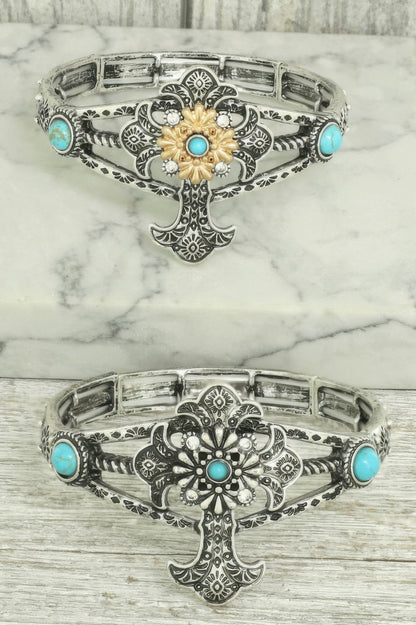 Western Turquoise And Crystal Cross Bracelet