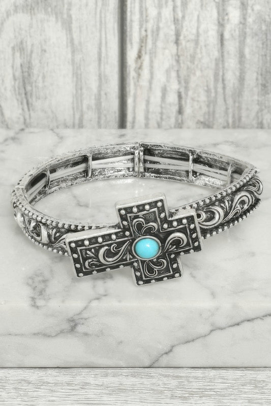 Western Turquoise Filigree Cross Bracelet