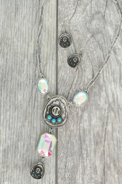 Western Gemstone Cowboy Hat Lariat Necklace Set
