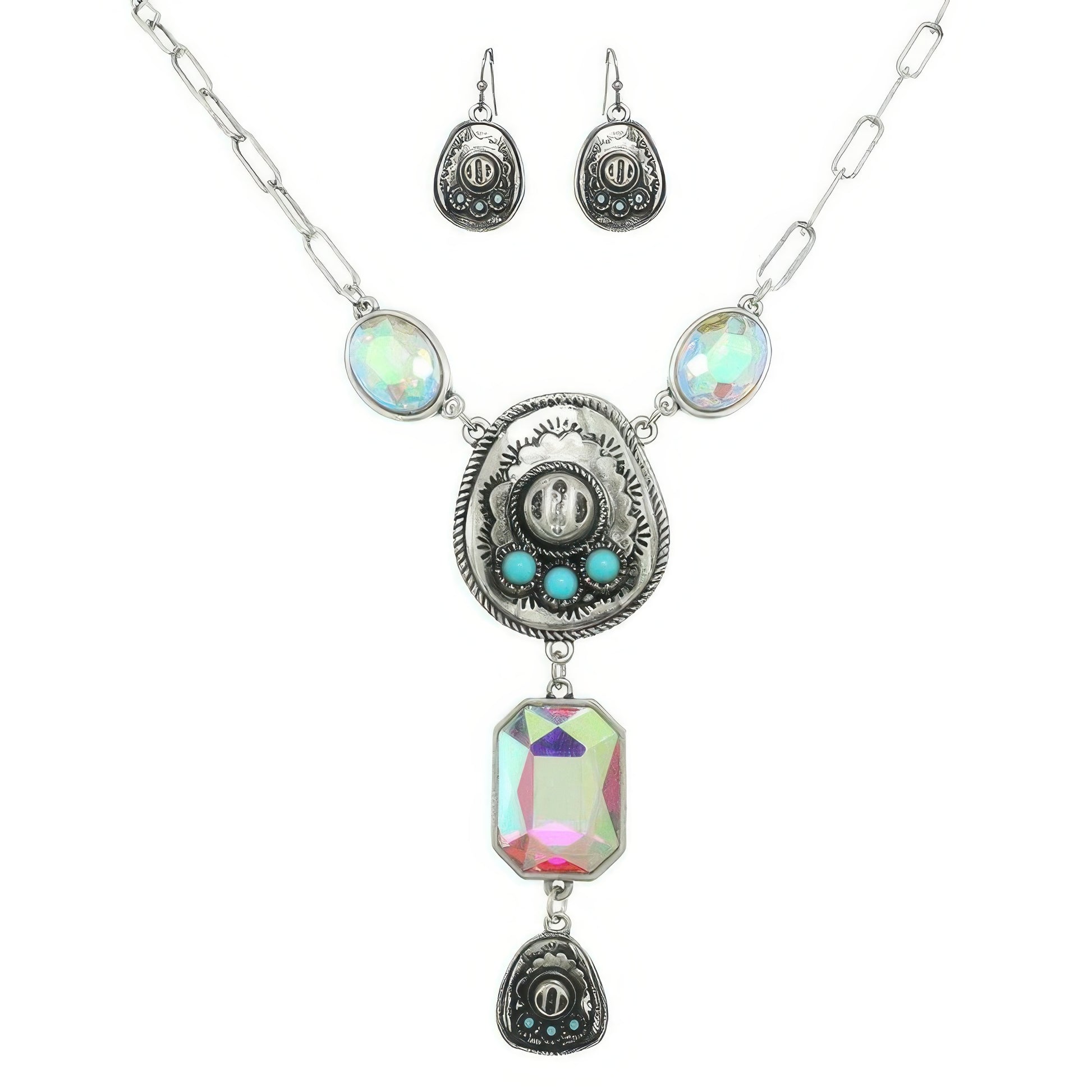 Western Gemstone Cowboy Hat Lariat Necklace Set