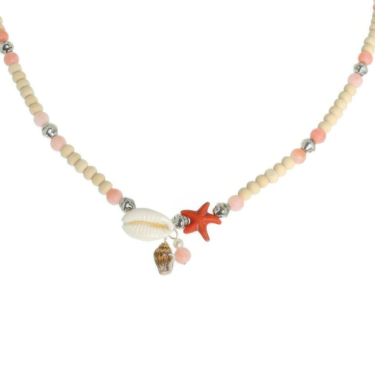 Sea Life Starfish Puka Shell Wood Beaded Necklace