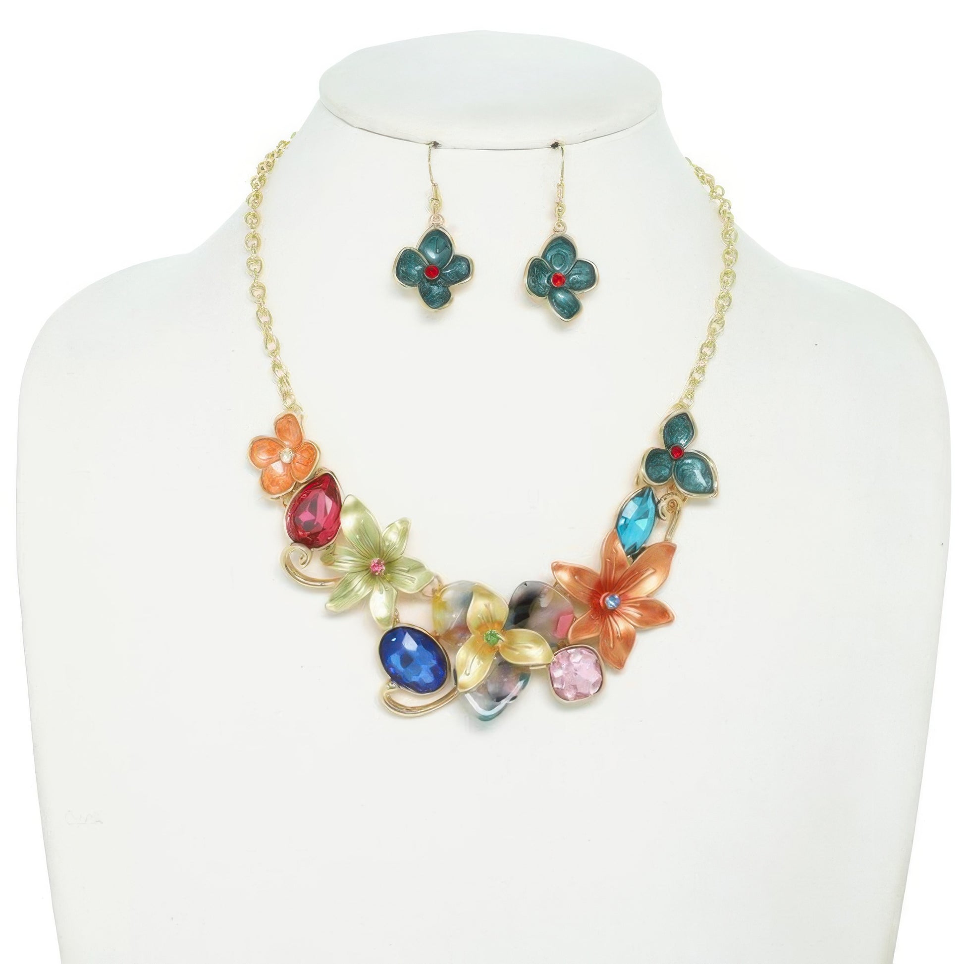 Floral Gemstone Cluster Bib Necklace Set