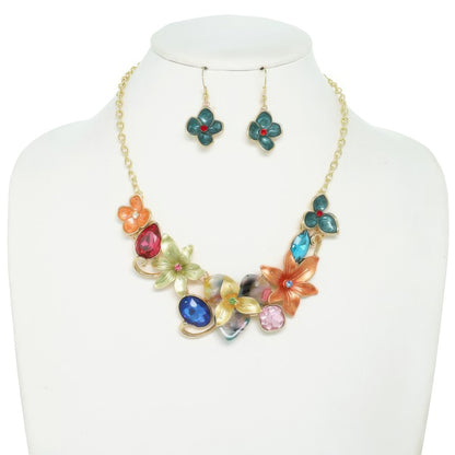 Floral Gemstone Cluster Bib Necklace Set
