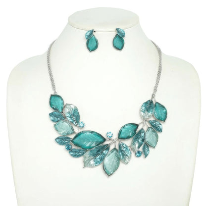 Jeweled Leaf Branch Cluster Bib Necklace Set