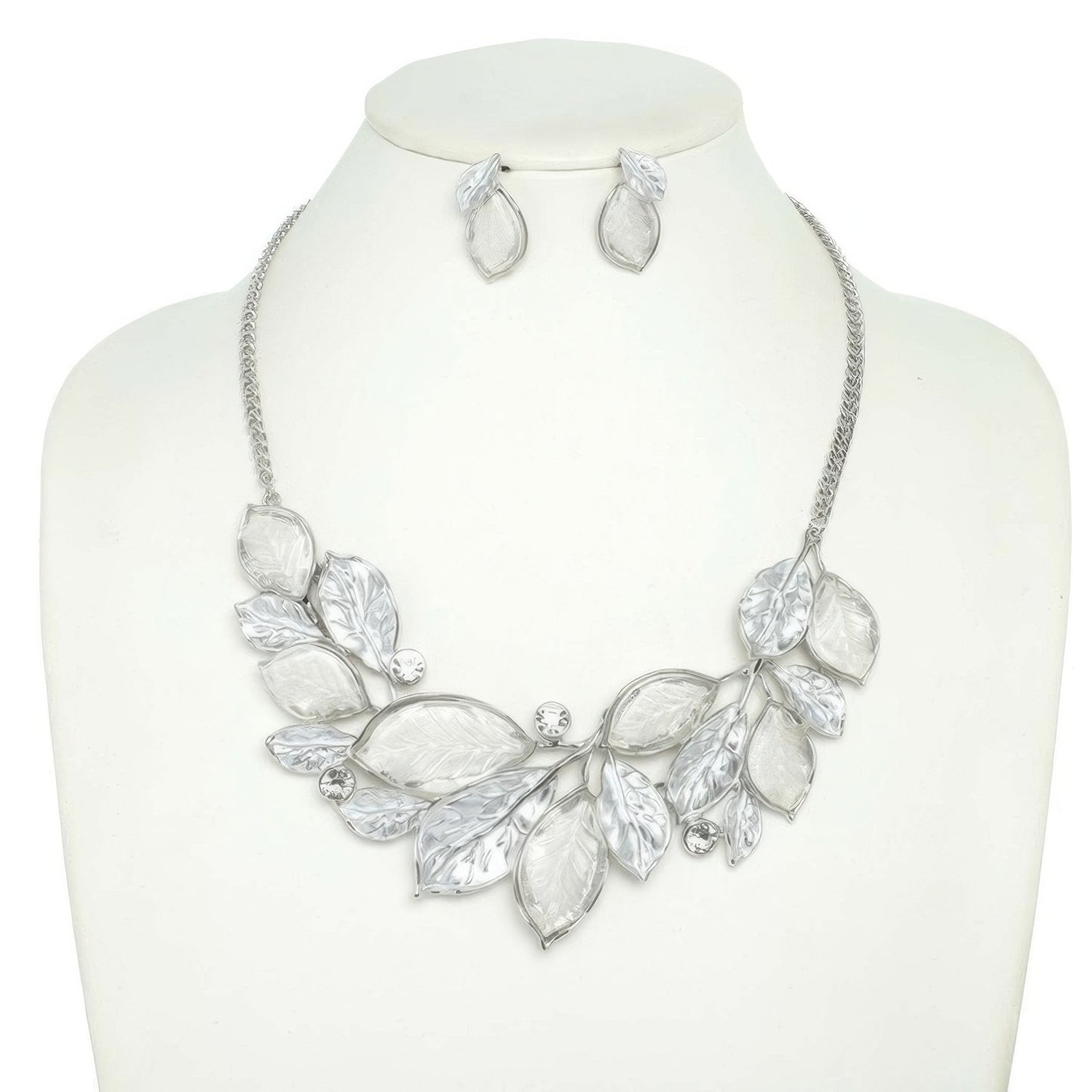 Jeweled Leaf Branch Cluster Bib Necklace Set