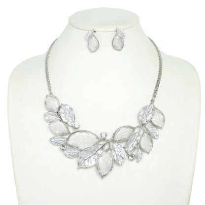 Jeweled Leaf Branch Cluster Bib Necklace Set