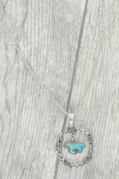 Western Running Horse Stone Barbed Wire Necklace
