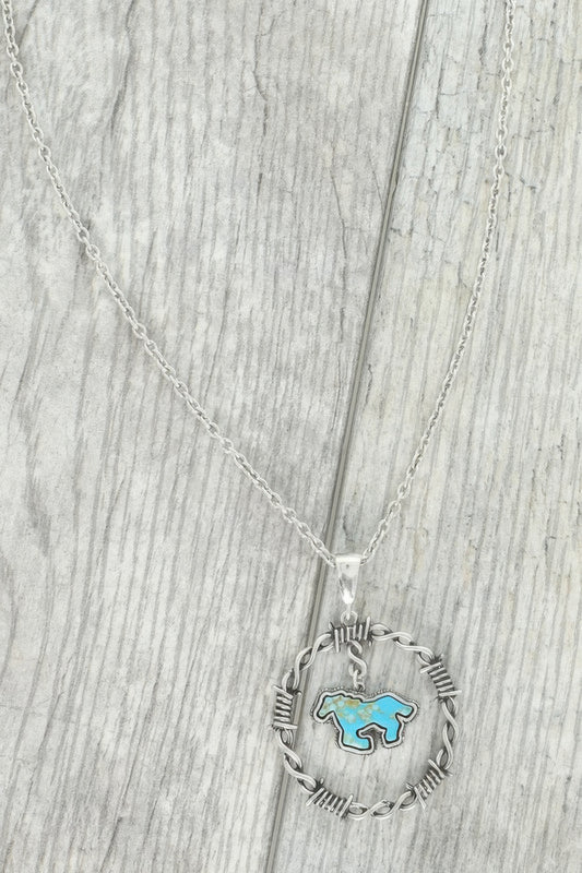 Western Running Horse Stone Barbed Wire Necklace