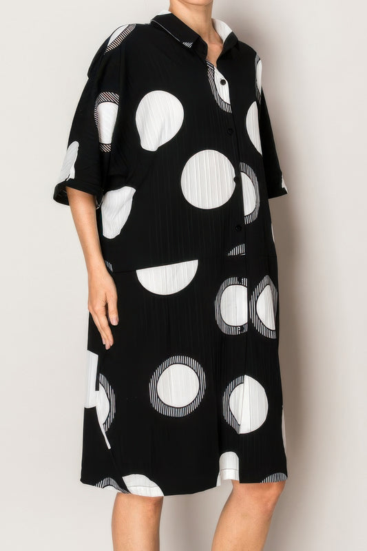 Pleated Lapel Polka Dot Print Shirtdress