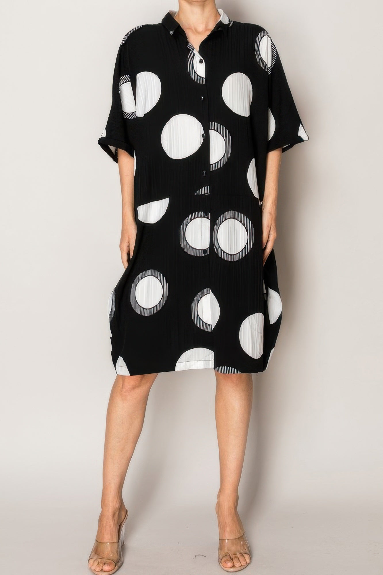 Pleated Lapel Polka Dot Print Shirtdress
