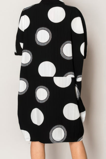 Pleated Lapel Polka Dot Print Shirtdress
