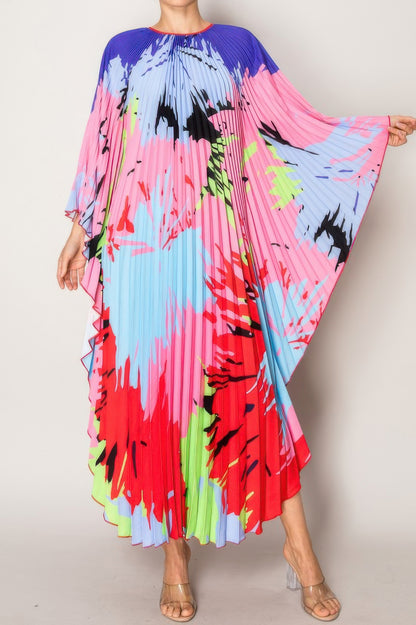 Vibrant Abstract Pleated Caftan Style Dress