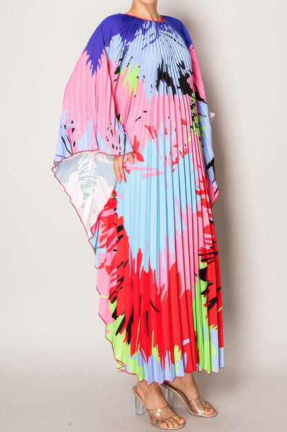 Vibrant Abstract Pleated Caftan Style Dress