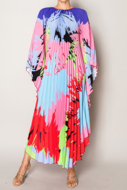 Vibrant Abstract Pleated Caftan Style Dress