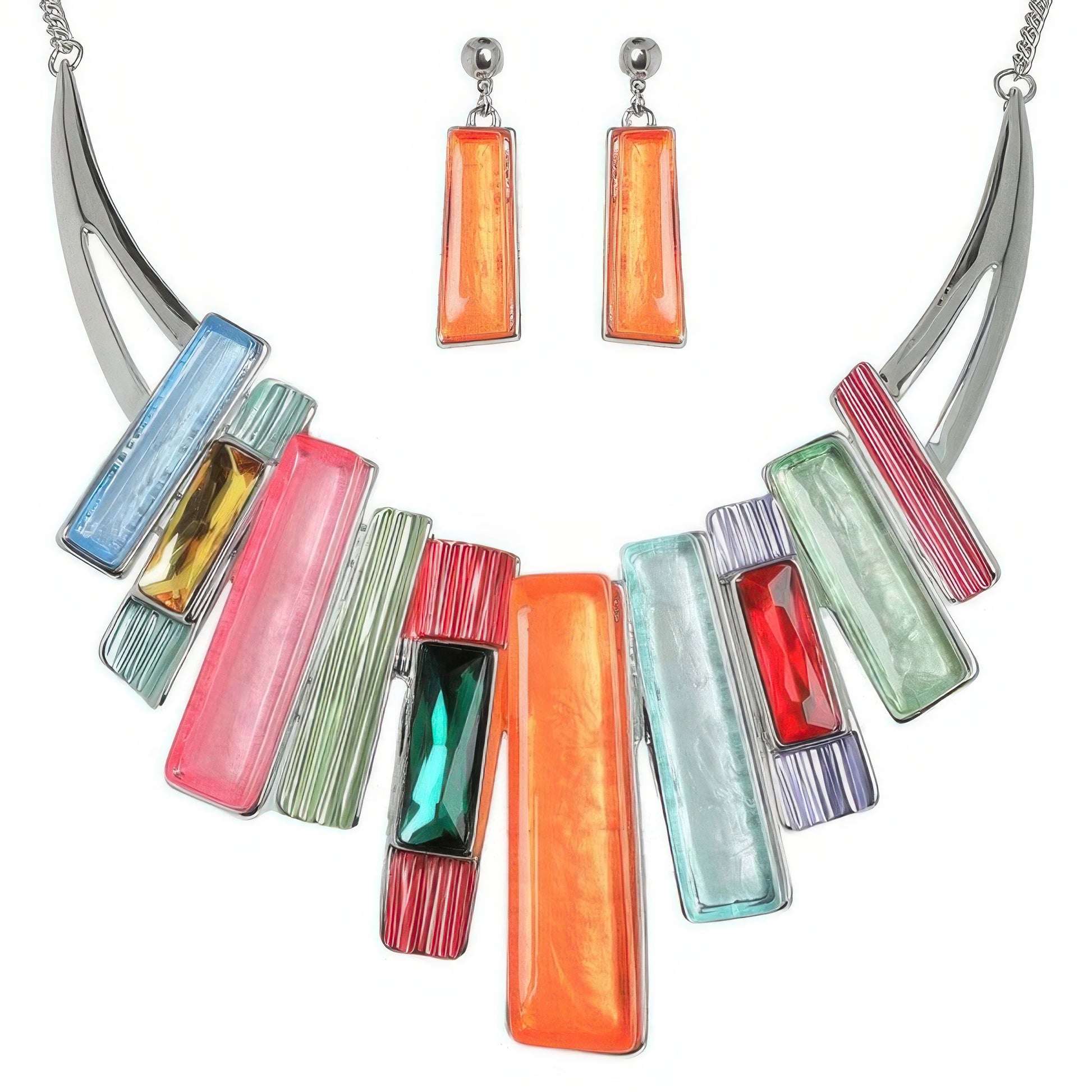 Geometric Fringe Gemstone Metal Bib Necklace Set