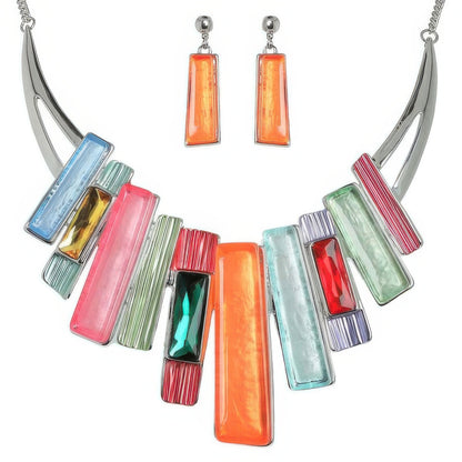 Geometric Fringe Gemstone Metal Bib Necklace Set