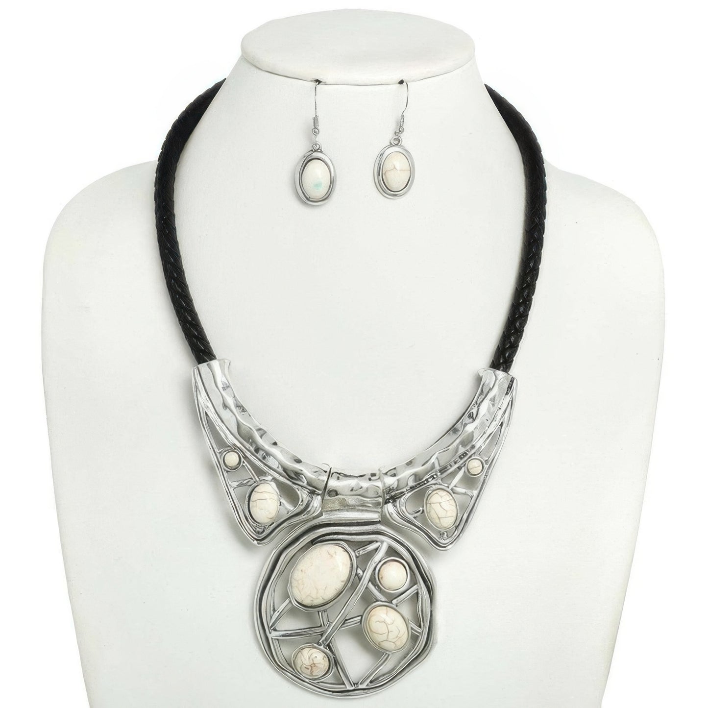 Boho Turquoise Leather Cord Bib Necklace Set