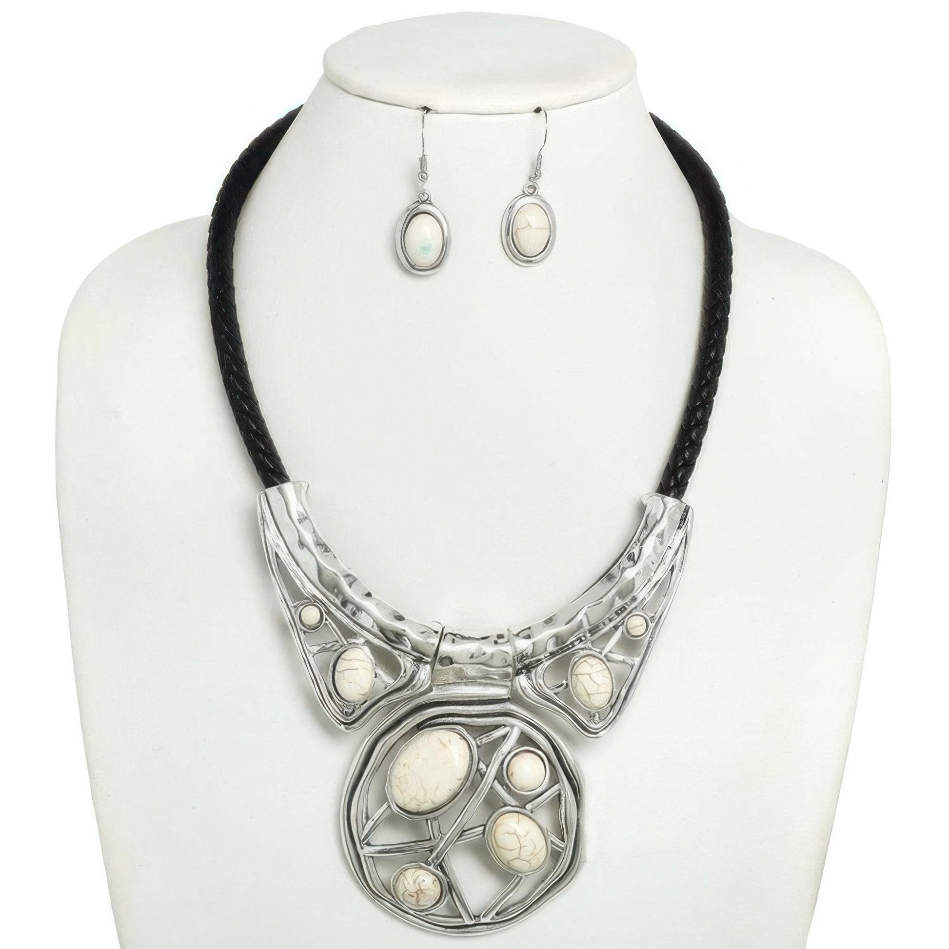 Boho Turquoise Leather Cord Bib Necklace Set